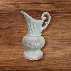 Vintage USA Ceramic Pitcher With Pink Roses Floral Relief Yellow-Pink Gradient 1